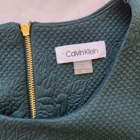 Calvin Klein Textured Dark Green Short Sleeve Shift Dress Floral Pretty Size 12 - Picture 3 of 11
